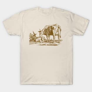 Cow and Calf, Animal Motherhood Scene Vintage Illustration T-Shirt